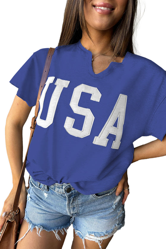 Black USA Lettering Patch Notched Neck Loose Tee