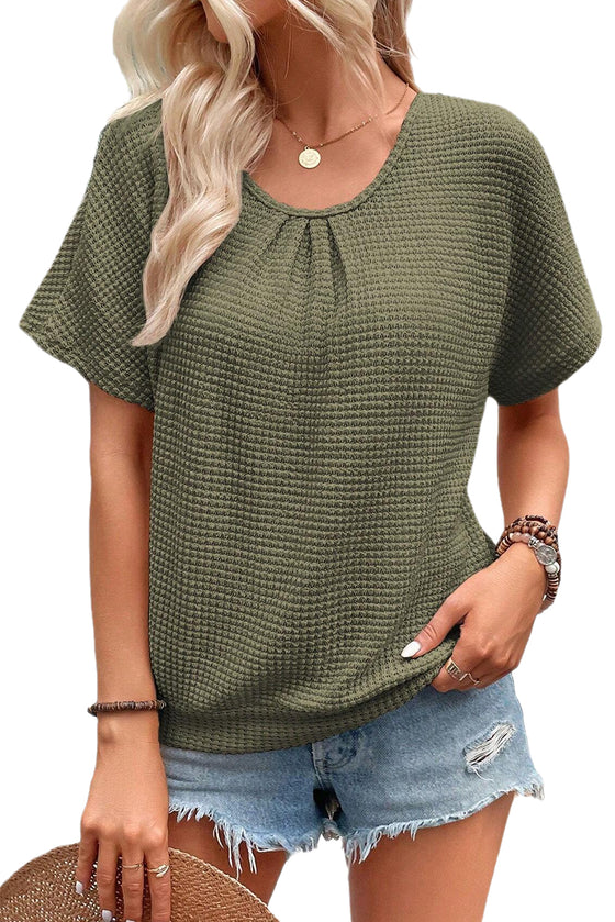 Oatmeal Guipure Lace Splicing Back Waffle Textured T-shirt | Available in 2 Colors