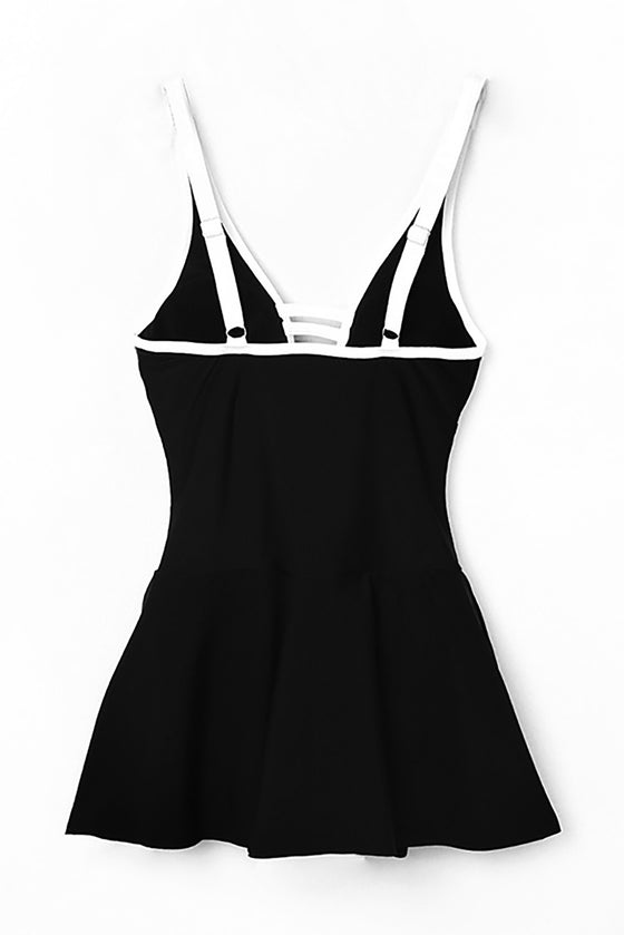 Black Strappy V Neck Backless One-Piece Swim Dress