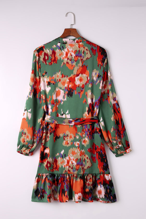 Abstract Print Waist Belted Long Sleeve Dress | Other Colors Available