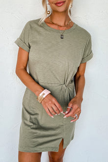  Sage Green Folded Sleeve Twisted Mini T-Shirt Dress