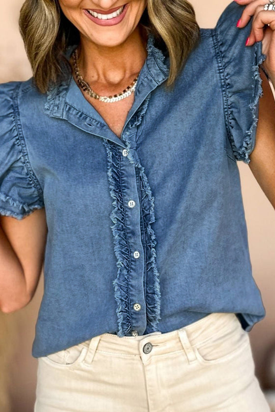 Ruffled Flutter Frayed Denim Top | Available in 2 Colors