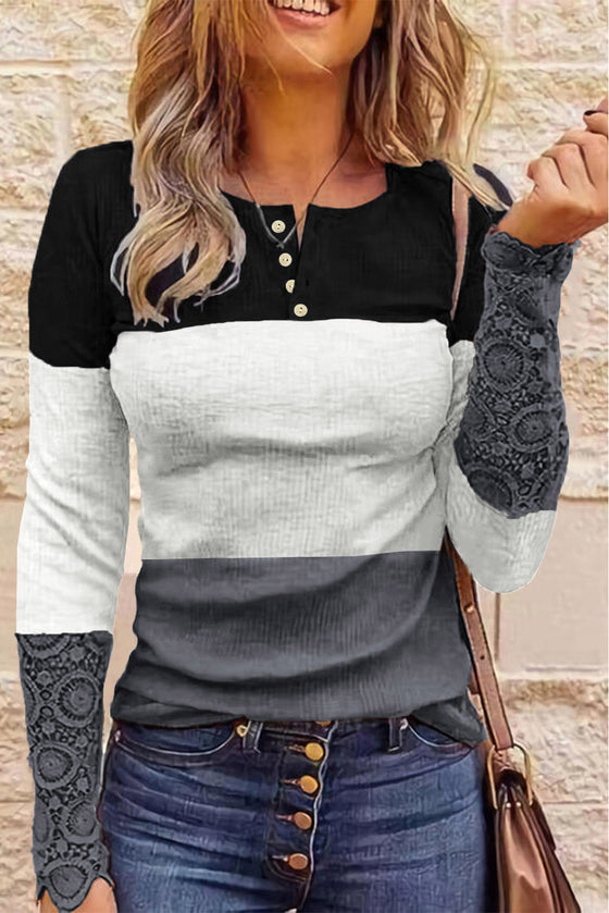 Color Block Ribbed Lace Crochet Sleeves Shirt for Women | Available in 2 Colors