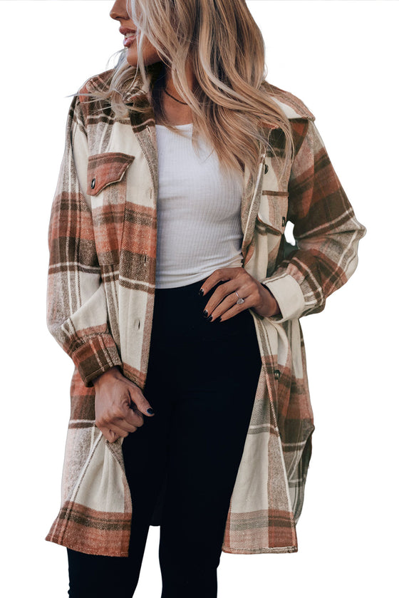 Brown Plaid Casual Button Up Flannel Long Shacket with Flap Pockets