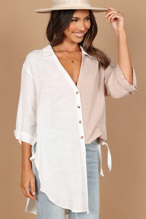 White Colorblock V Neck Collared Side Slits Blouse