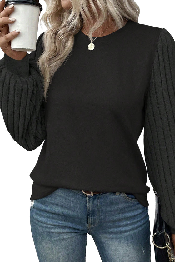 Black Contrast Ribbed Bishop Sleeve Top | Available in 3 Colors