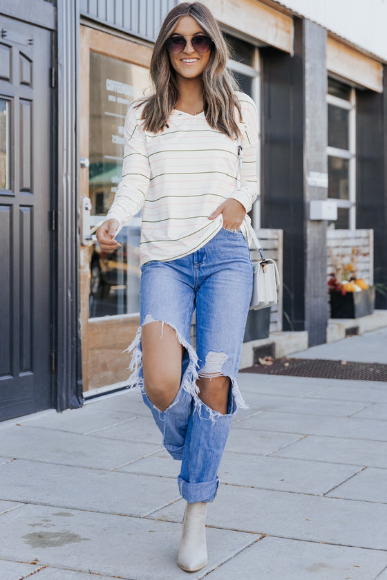 White Striped V Neck Long Sleeve Shirt