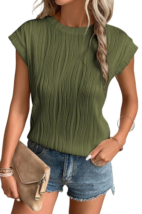 Jungle Green Wavy Textured Cap Sleeve Top | Available in 4 Colors