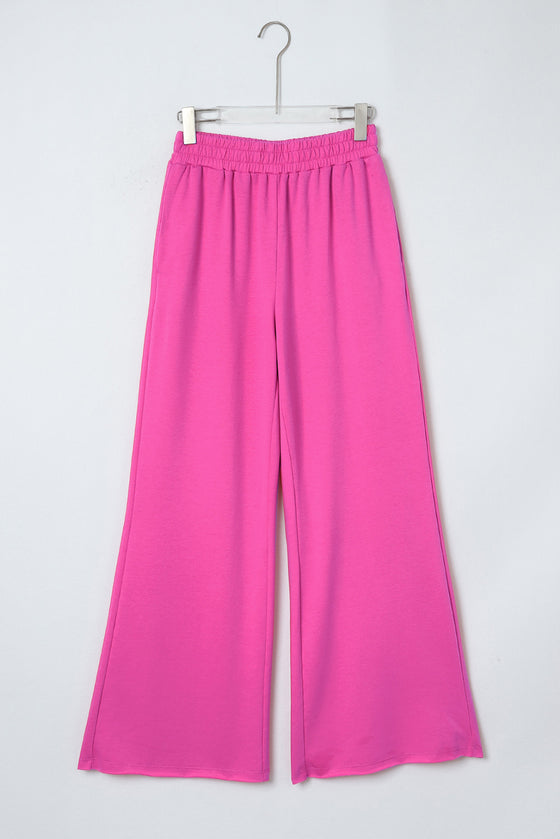 Pink Elastic High Waisted Wide Leg Sweatpants with Pockets