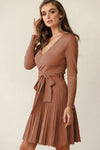 Belted Wrap V Neck Ribbed Pleated Sweater Dress in Gray or Brown