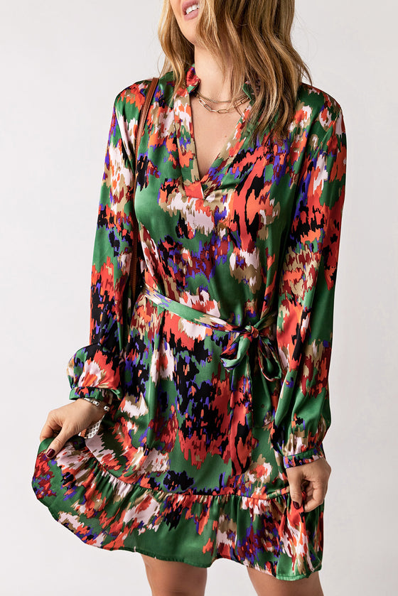 Abstract Print Waist Belted Long Sleeve Dress | Other Colors Available