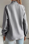 Grey Striped Print Textured Button Front Ruffled Top