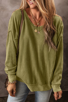  Green Waffle Textured Exposed Seamed Drop Sleeve Sweatshirt