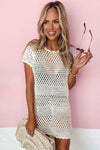 Beige Boho Crochet Beach Cover Up Dress