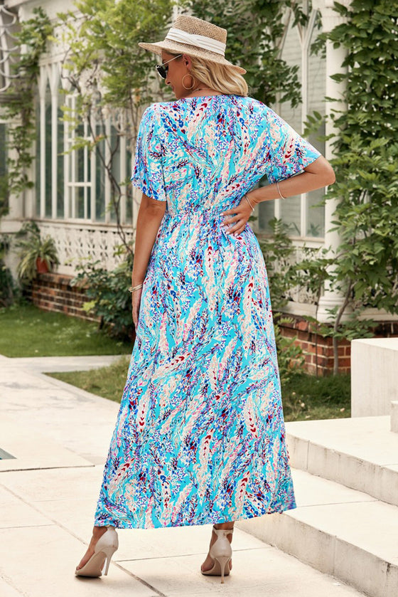 Abstract Print Wrap V Neck Flutter Sleeve Mid Length Summer Dress | Available in Blue