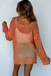 Orange Knit Cut Out Crochet Long Sleeve Tunic Top