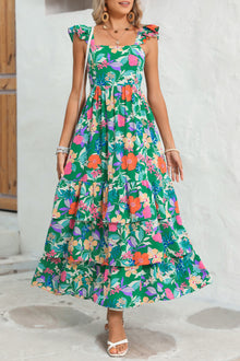  Green Boho Floral Print Ruffle Sleeveless Tiered Maxi Dress