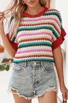 Fiery Red Striped Diamond Print Ruffle Sleeve Knit Top