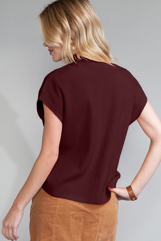 Oatmeal Patch Pocket Ribbed Knit Short Sleeve Sweater | Available in 7 Colors