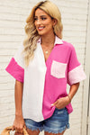 Hot Pink Color Block Short Sleeve Polo Blouse