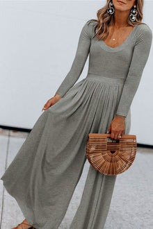  Grey Solid Color Long Sleeve Wide Leg Jumpsuit