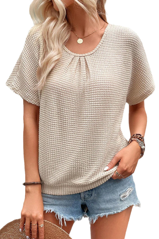 Oatmeal Guipure Lace Splicing Back Waffle Textured T-shirt | Available in 2 Colors