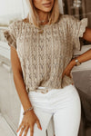 Khaki Cable Knit Textured Ruffle Short Sleeve Sweater