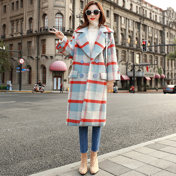 Red and Blue Plaid Long Woolen Coat for Women