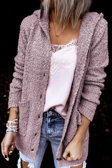  Pink Fuzzy Popcorn Pocket Long Sleeve Knit Cardigan