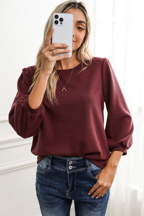 Red Solid Color 3/4 Puff Sleeve Round Neck Top | Available in 3 Colors