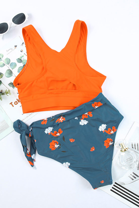 Orange Casual Floral Printed Waist Lace Up High Waist Bikini | Available in 2 Colors