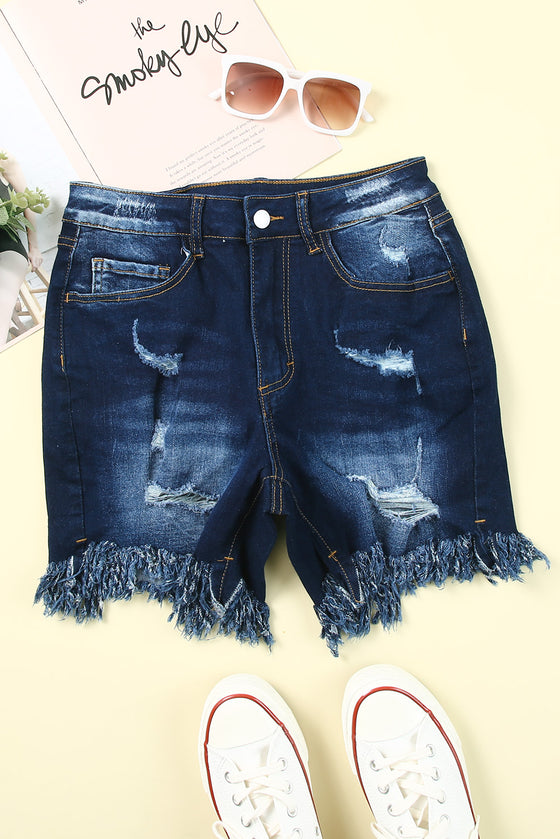 Blue Distressed High Waist Denim Shorts