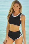 Black Contrast Trim Active Bikini Swimsuit