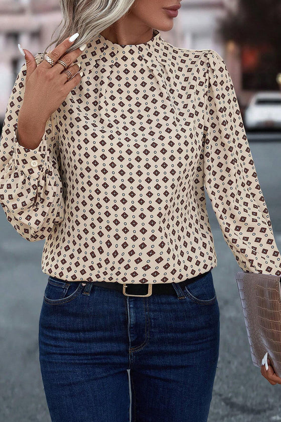 Beige Geometric Puff Sleeve Keyhole Back Blouse