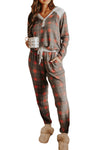 Grey Plaid Button V Neck Top & Drawstring Pants Loungewear Set