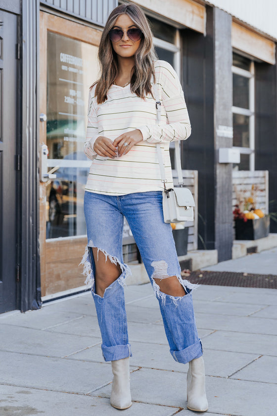 White Striped V Neck Long Sleeve Shirt