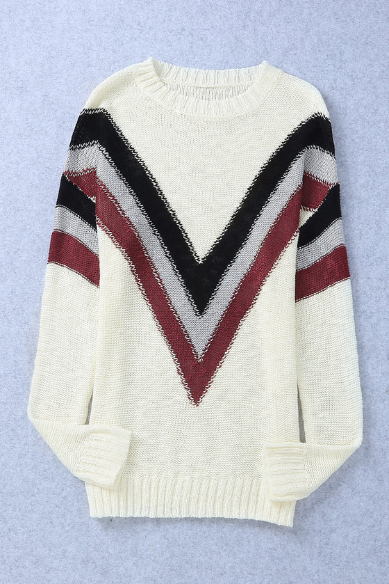 Beige Chevron Casual Drop Shoulder Knit Sweater