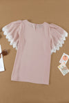 Pastel Pink Lace Trim Flutter Sleeve Blouse for Women