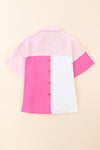 Hot Pink Color Block Short Sleeve Polo Blouse