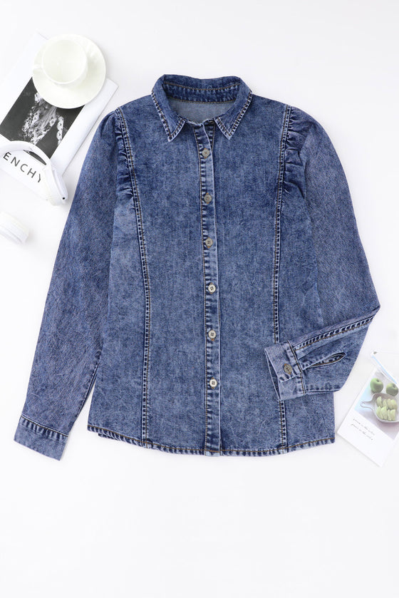 Dark Blue Rached Puff Sleeve Button-Up Denim Shirt