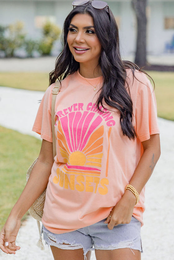 Pink FOREVER CHASING SUNSET Graphic T-Shirt