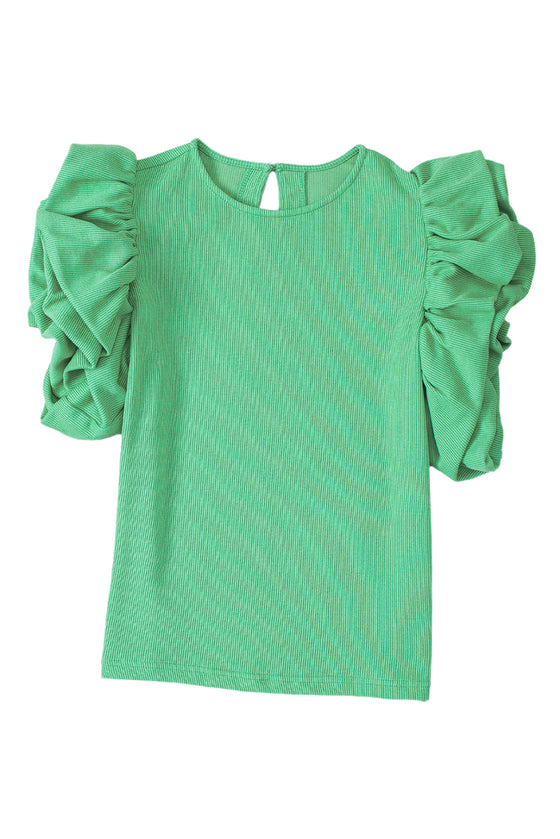 Green Solid Color Ruffle Sleeve Ribbed Blouse