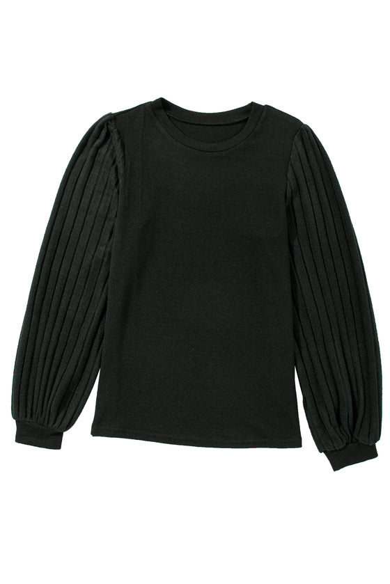 Black Contrast Ribbed Bishop Sleeve Top | Available in 3 Colors