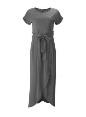 Long Tie-belted T-shirt Dress with Slit