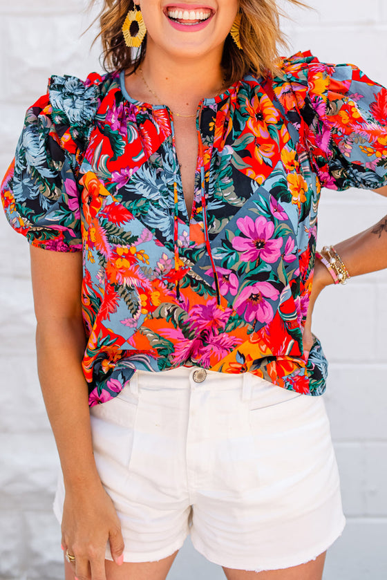 Tropical Floral V Neck Ruffle Blouse