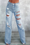 Sky-Blue Vintage Distressed Ripped Wide Leg Jeans