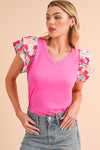 Bonbon V Neck Ruffle Floral Sleeve T Shirt