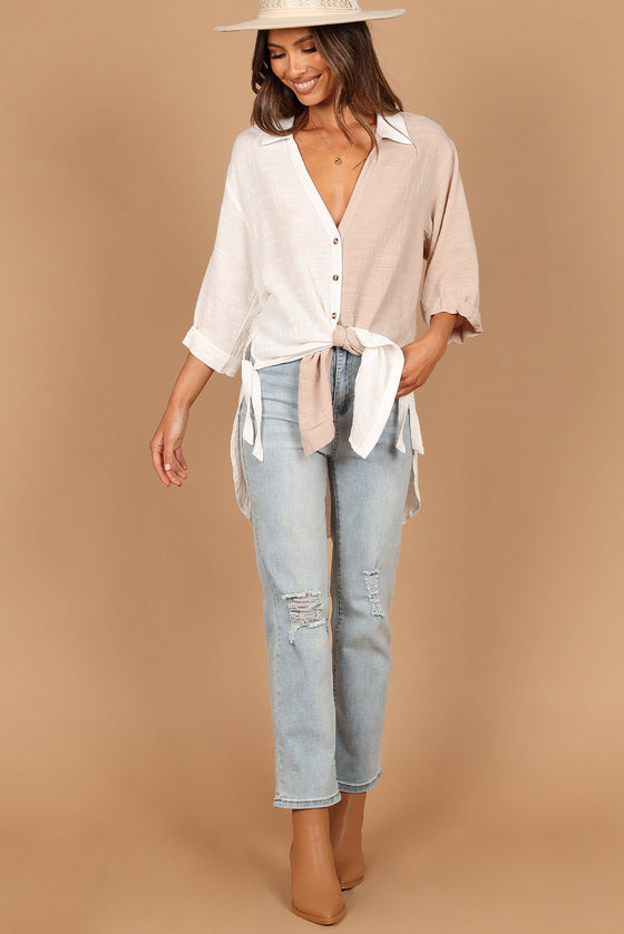 White Colorblock V Neck Collared Side Slits Blouse