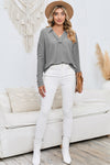 Gray V Neck Collared Retro Waffle Long Sleeve Top | Other Colors Available