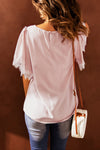 Pastel Pink Lace Trim Flutter Sleeve Blouse for Women